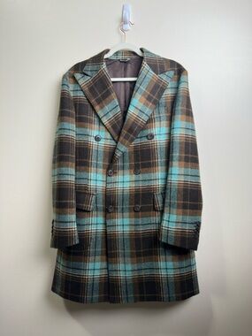 Vintage Double Breasted Italian Wool Tweed Plaid Overcoat Brian Dales